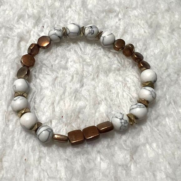 Lot of 3 White Black Gray Marble BeadsCopper Tone Accent Elastic Bracelets - Picture 5 of 6